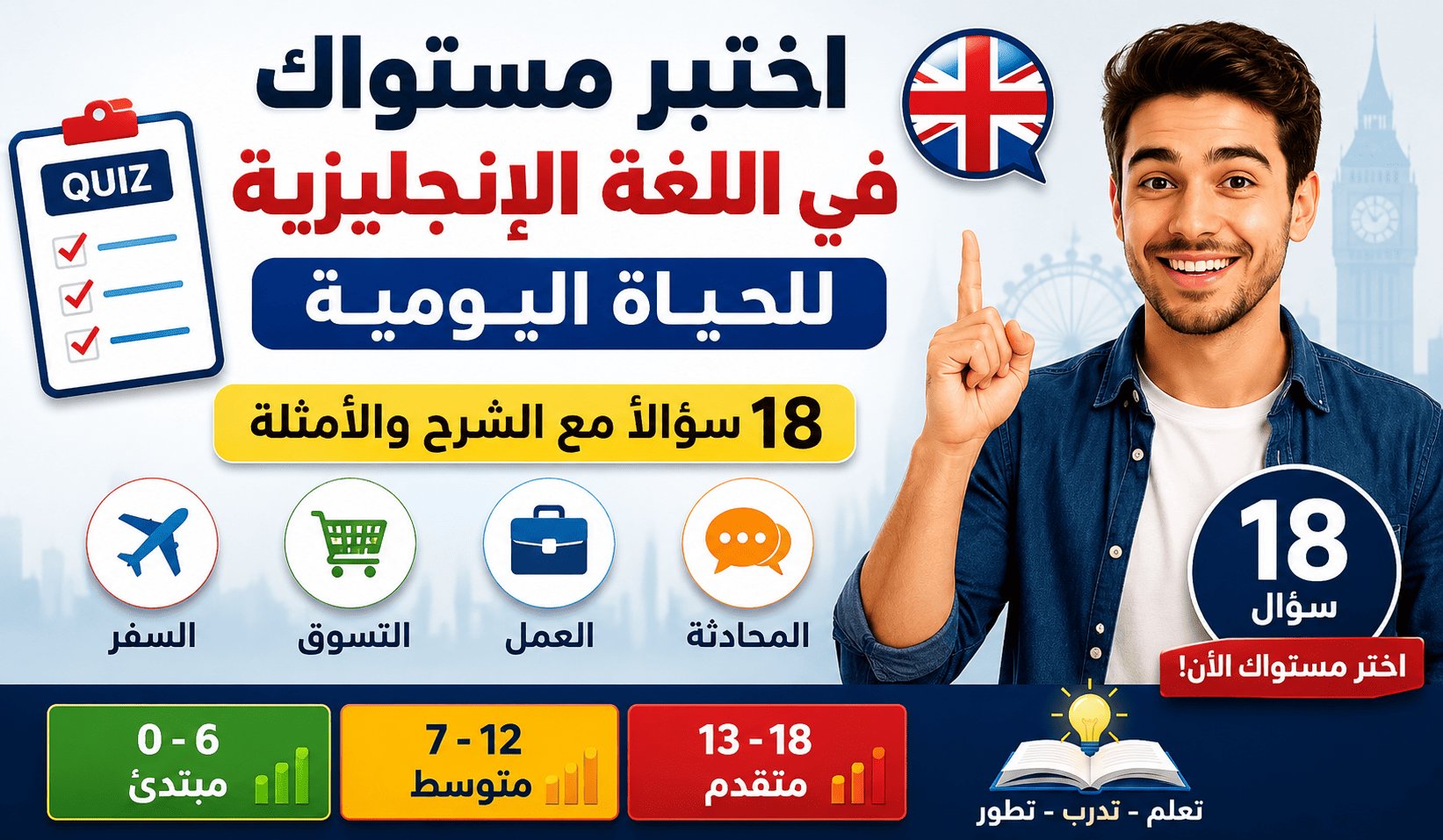 اختبر مستواك في اللغة الإنجليزية للحياة اليومية (30 سؤالاً مع الإجابات والشرح)
